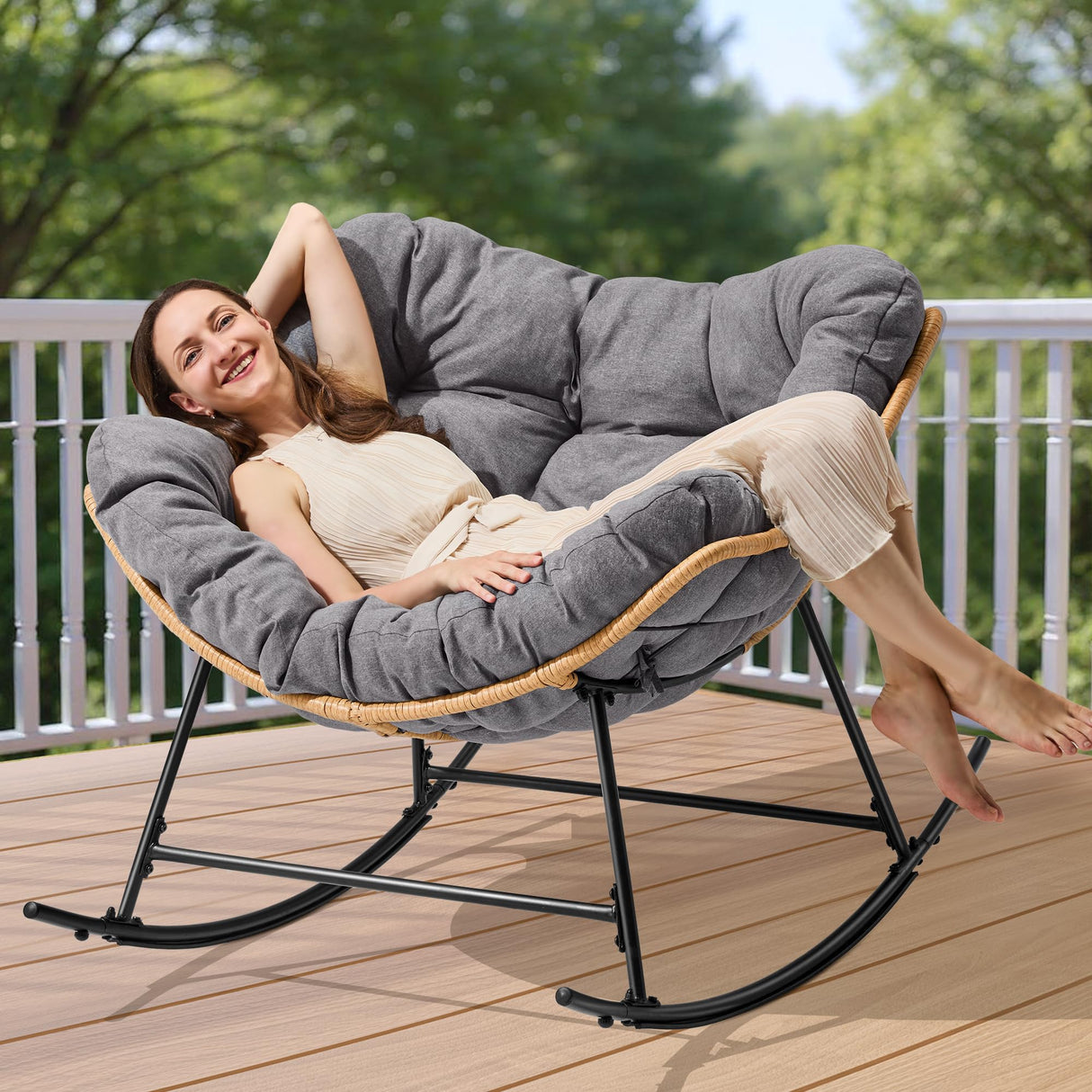 Halituny Outdoor Rocking Chair with Thick Cushion, Comfy Rattan Rocker Egg Chair Indoor with Straps, Patio Rocking Chair 450lbs for Garden, Balcony, Lawn, Backyard, Living Room, Bedroom, Dark Gray Halituny