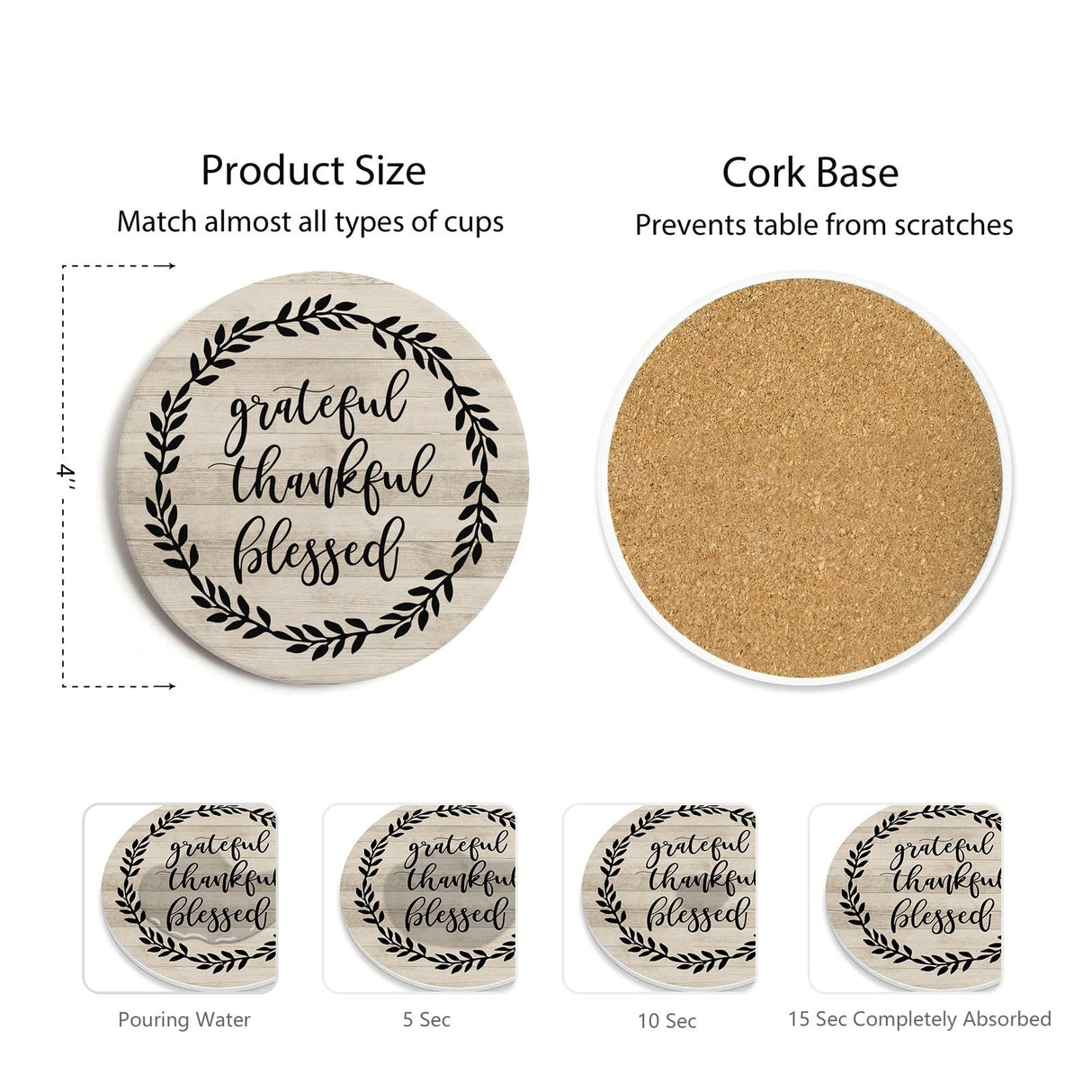 Hoomey Coasters for Drinks, Set of 6 Absorbent Drink Coasters with Holder, Farmhouse Style Ceramic Drink Coasters with Cork Backing for Table Protection, Housewarming Gifts for New Home Hoomey