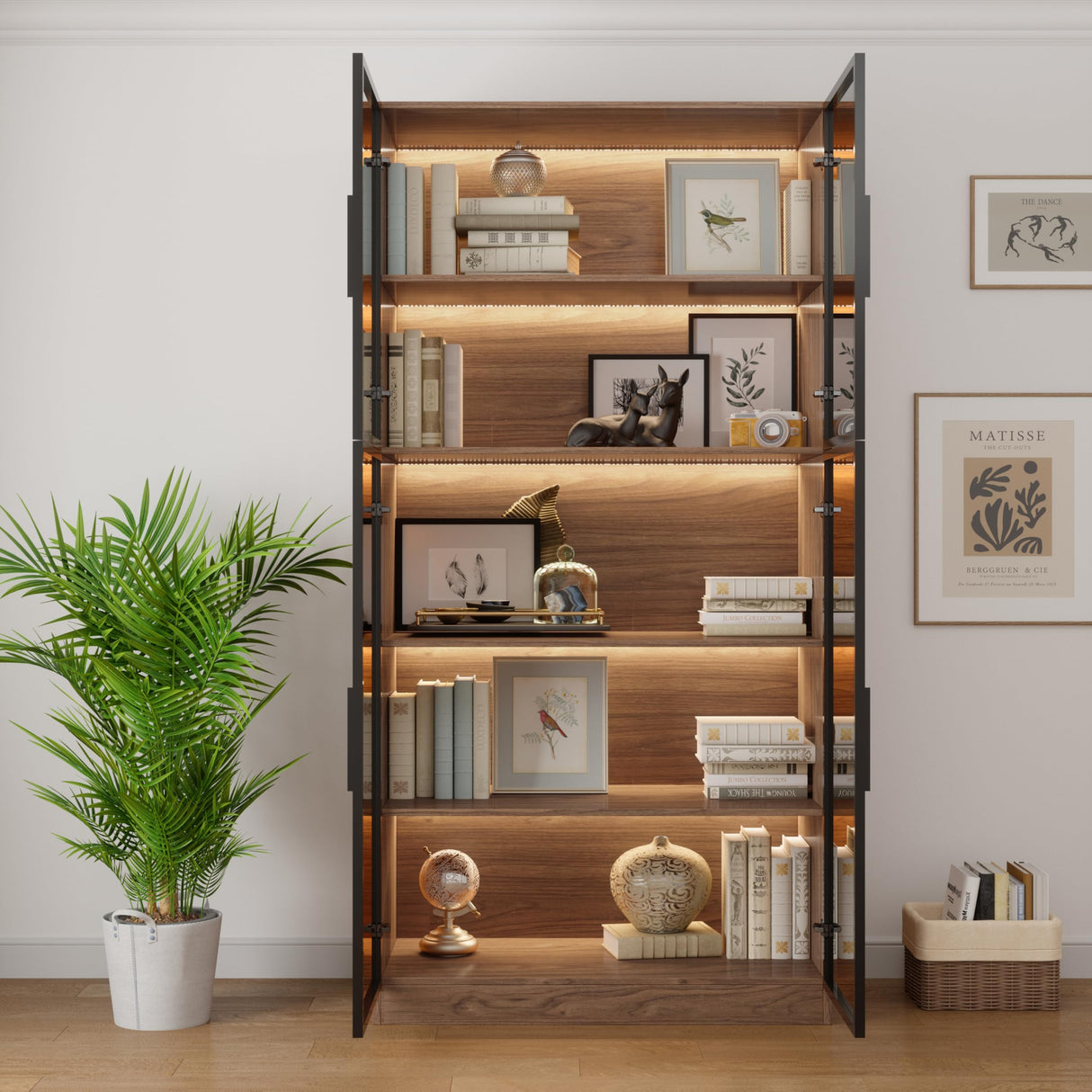 Bobve Display Cabinet with 4 Glass Doors, 5 Tier Storage Shelves Organizer, 78.7" Tall Bookshelf Bookcase with Storage Cabinet, Wooden Display Case Cabinet for Home,Office, Living Room (Walnut) Bobve