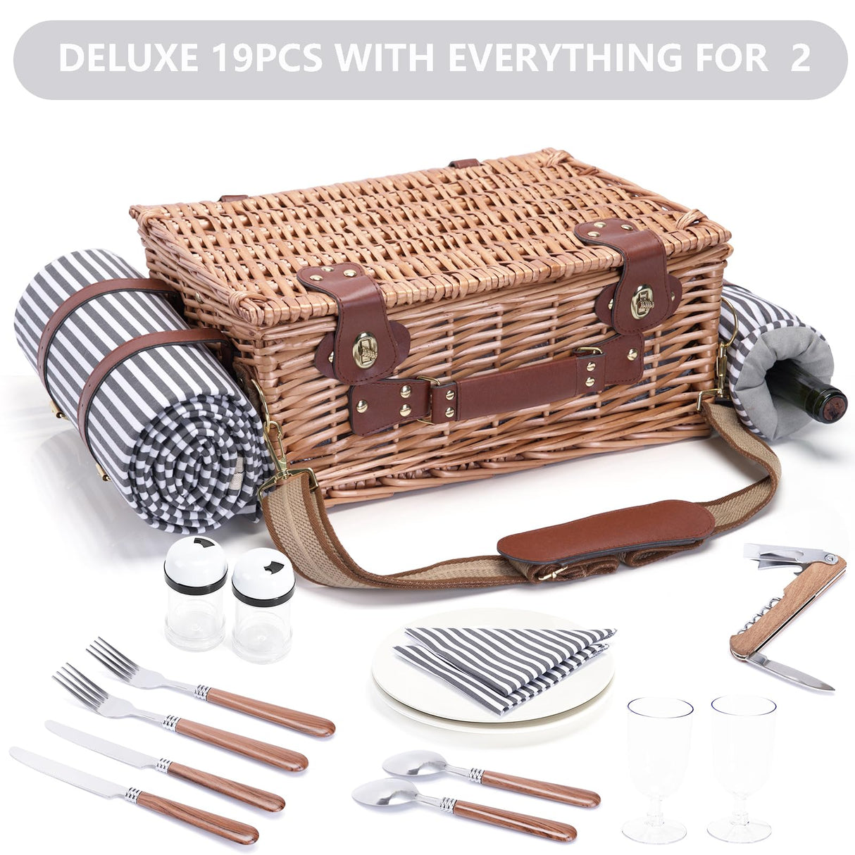 Picnic Basket with Blanket and Wine Pouch for 2 Wicker Picnic Set with Insulated Liner Cooler Bag Hamper for Camping,Wedding - Stripes SatisInside