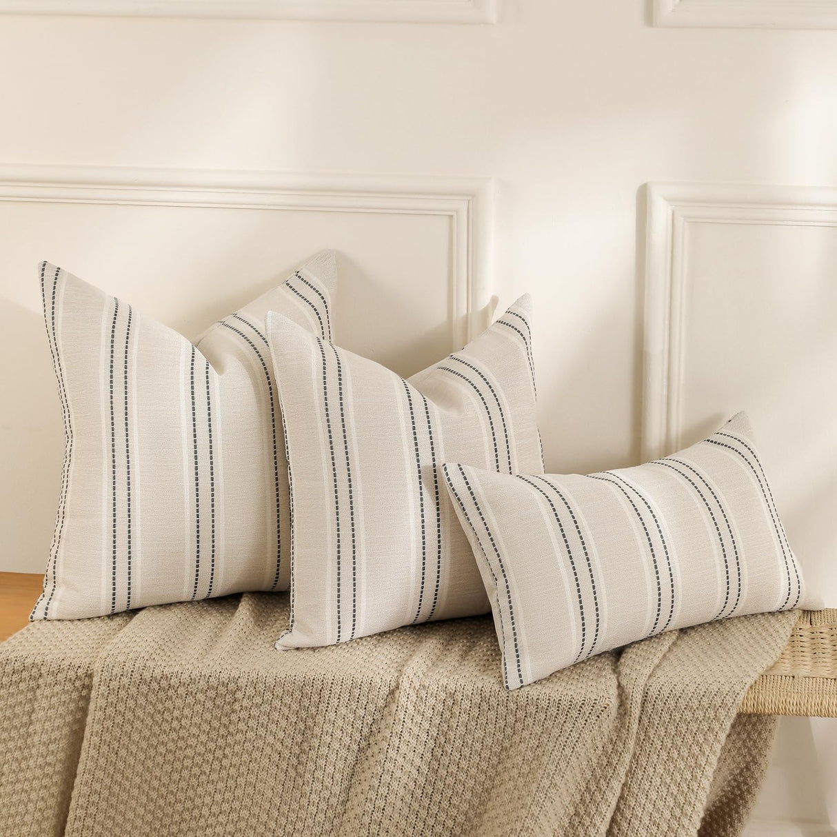 Hckot Throw Pillow Covers 20x20 Set of 2 Striped Pillow Covers Textured Linen Decorative Pillows Square Cushion Covers for Sofa Couch Bed Living Room Farmhouse Decor, Grey Hckot