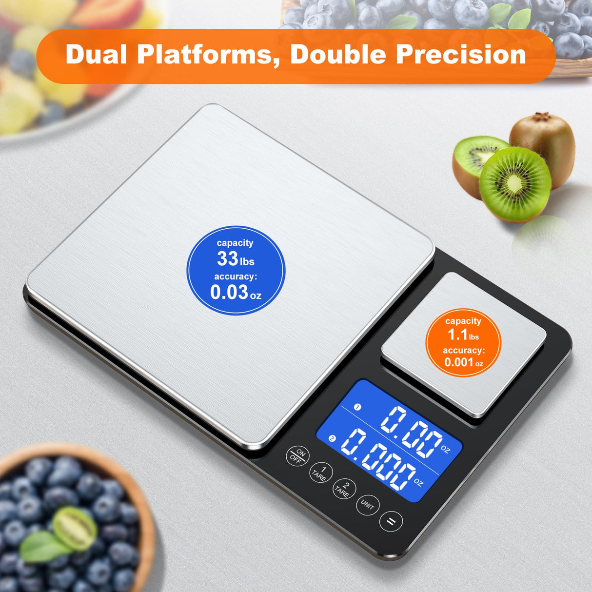 KUAIVO 0.001oz/33lbs Dual Platform Food Kitchen Scales Digital Weight Grams and Ounces, Two Precisions Kitchen Scale for Sourdough Bread, Baking and Cooking with 7 Units Tare, Accumulation Functions KUAIVO