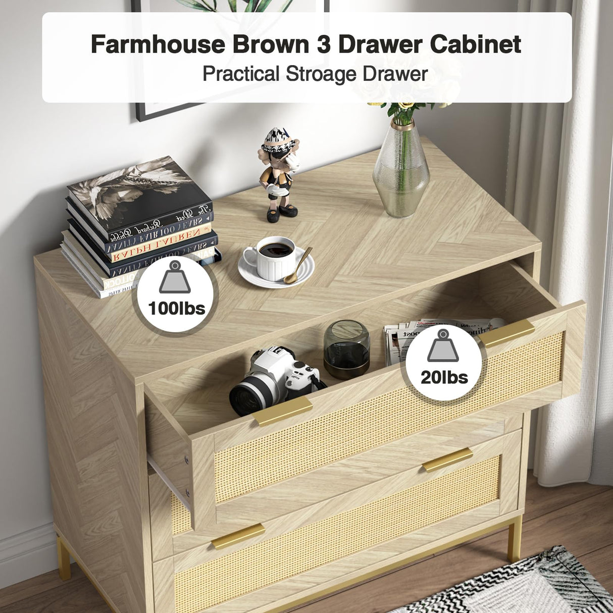 Anmytek 3 Drawer Dresser for Bedroom with Natural Rattan,Closet Dressers Chest of Drawers for Bedroom,Farmhouse Wood Large Nightstand with Storage Versatile Bedside Table for Bedroom Anmytek