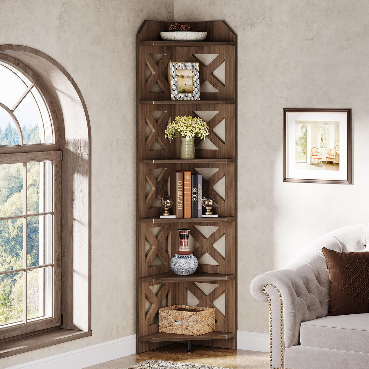 Tribesigns 70.8" Corner Shelf, Rustic 6-Tier Wall Corner Bookshelf, Farmhouse Corner Small Bookcase Display Storage Shelves Plant Stand for Home Office, Living Room, Bedroom Tribesigns