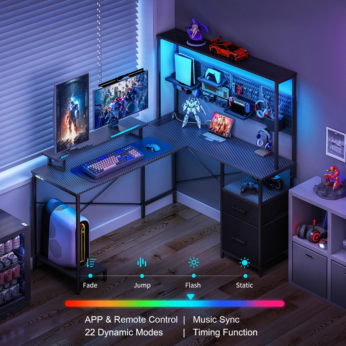 Yoobure L Shaped Desk with Pegboard, Reversible Computer Desk with Drawers & Storage Shelves, Gaming Desk with LED Lights & Power Outlets, Office Desk with Monitor Stand Corner Desk Home Office Desks Yoobure