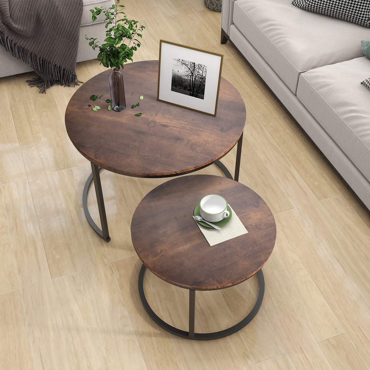 HOJINLINERO Industrial Round Coffee Table Set of 2 End Table for Living Room,Stacking Side Tables, Sturdy and Easy Assembly,Wood Look Accent Furniture with Metal Frame,Black+Rustic Brown HOJINLINERO