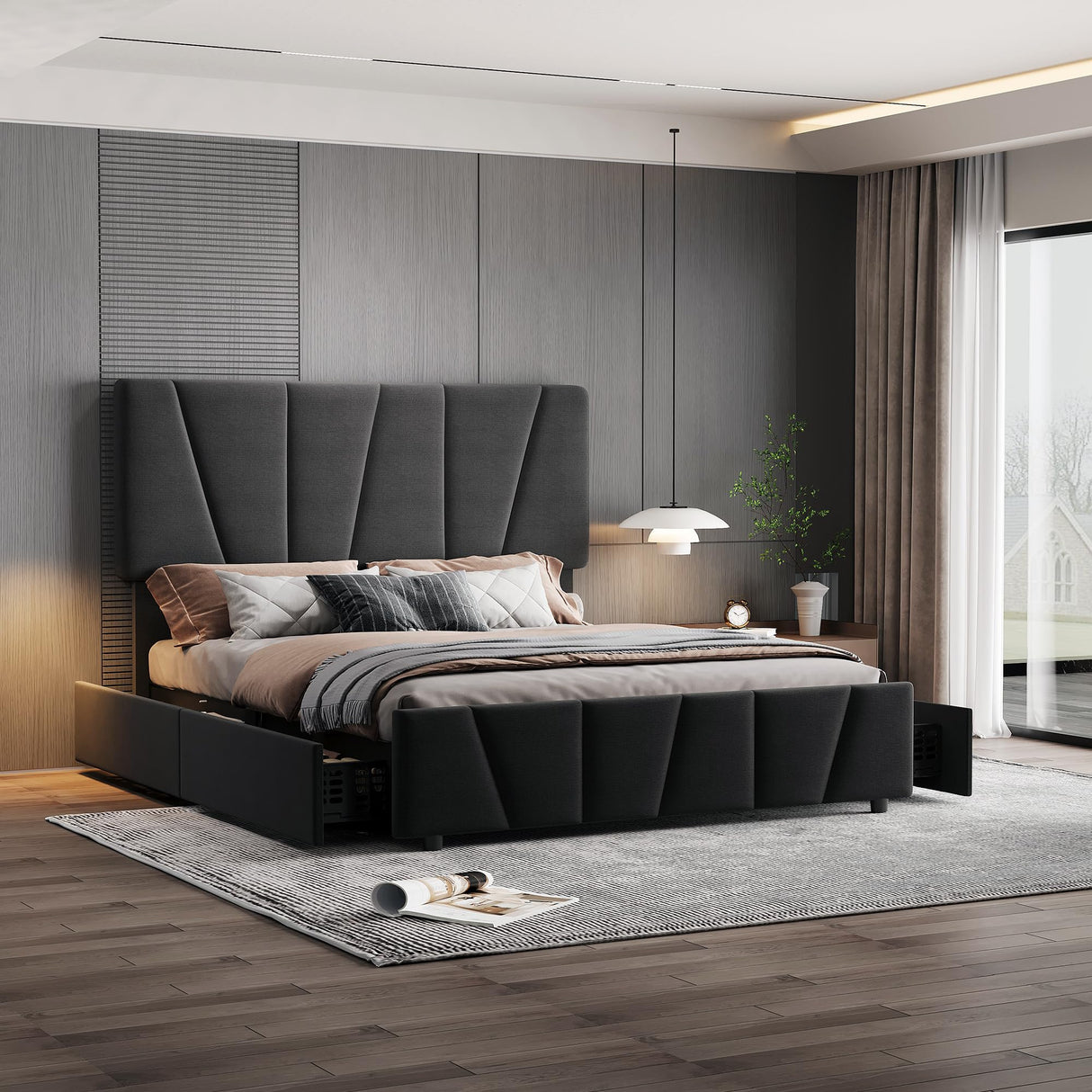 GarveeHome King Size Bed Frame with Adjustable Headboard and 4 Storage Drawers, Velvet Upholstered Tufted King Platform Bed Frames with Wooden Slats Support, King Bedframe No Box Spring Needed, Grey GarveeHome