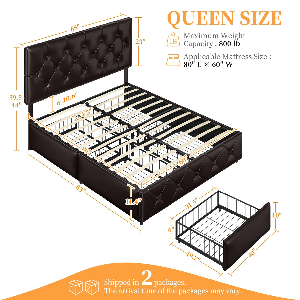 Yaheetech Queen Size Faux Leather Upholstered Bed Frame with 4 Storage Drawers and Adjustable Headboard Yaheetech