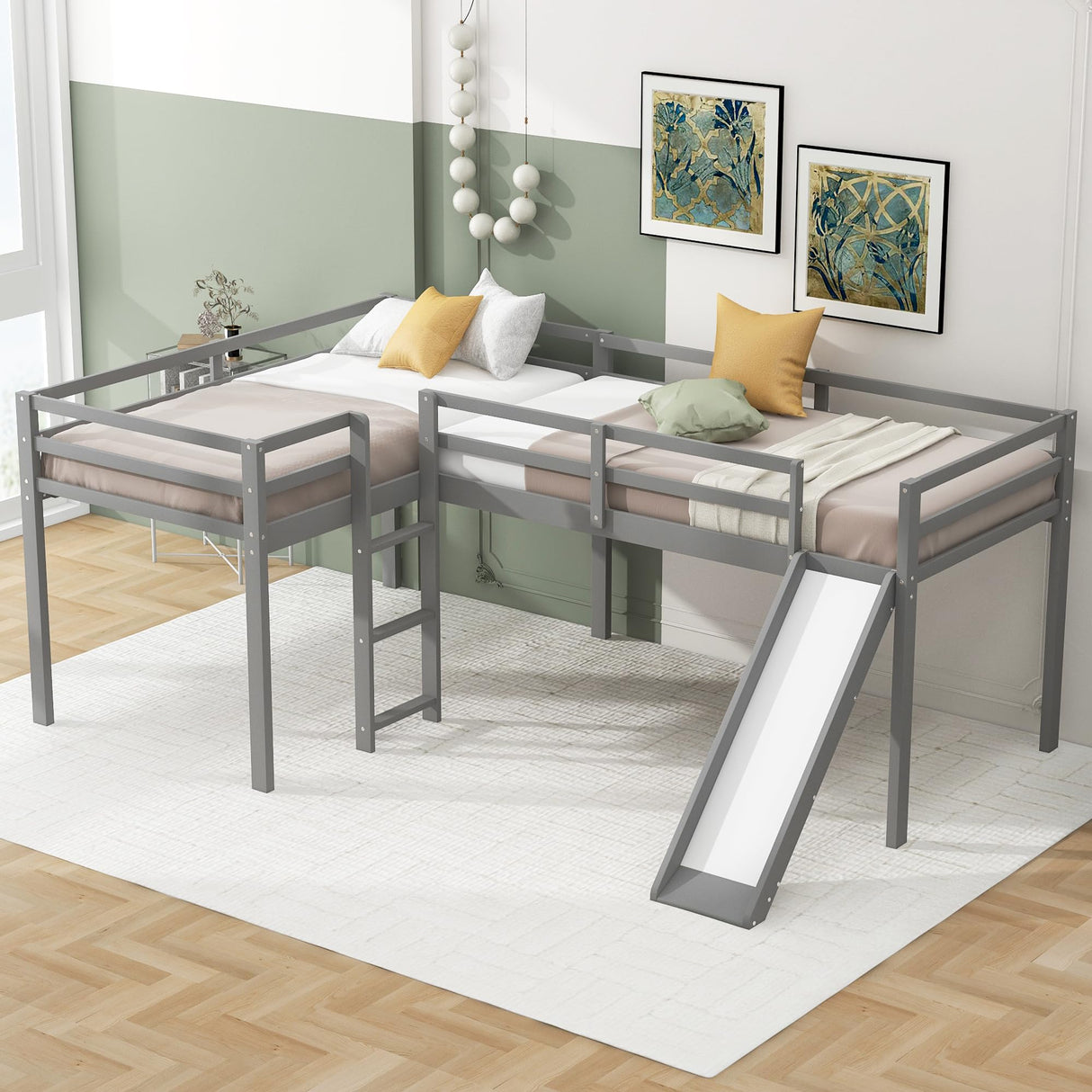 Harper & Bright Designs L-Shape Bed Twin Low Loft Beds with Slide, Twin Size Loft Bed for Kids, Corner Bed, Wooden Loft Bed Frame for Kids Girls Boys Teens (Gray) Harper & Bright Designs