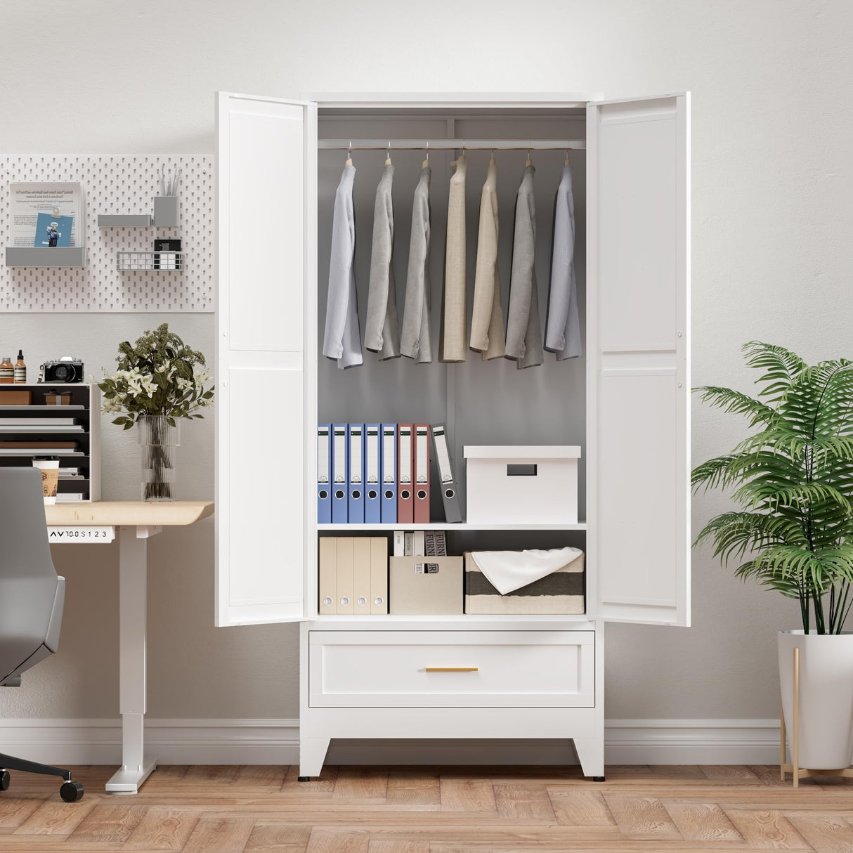 Metal Armoire Wardrobe Closet with Drawer, Farmhouse White Wardrobe Cabinets for Hanging Clothes,Rustic Barn Door Dasign 71" Tall Freestanding Armoire for Bedroom,Office,Laundry Room,Dormitorios XIOMIOHTRQ