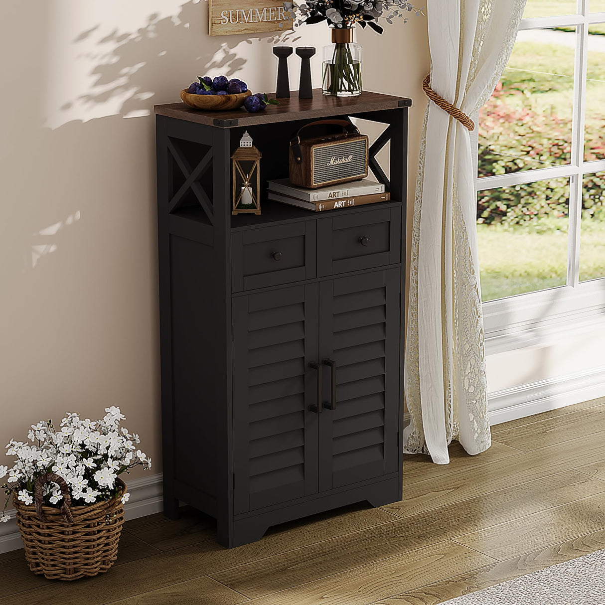 ChooChoo Farmhouse Storage Cabinet, Bathroom Floor Cabinet with Doors and Drawers, Kitchen Pantry Cabinet for Living Room, Laundry, Black ChooChoo