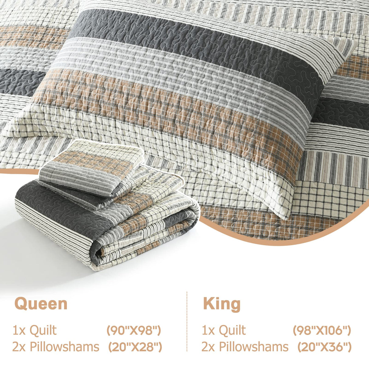 Finlonte Queen Size Quilt Set, 100% Cotton, Grey Striped Reversible Lightweight Soft Quilted Comforter Set for All Season, 3-Piece Finlonte