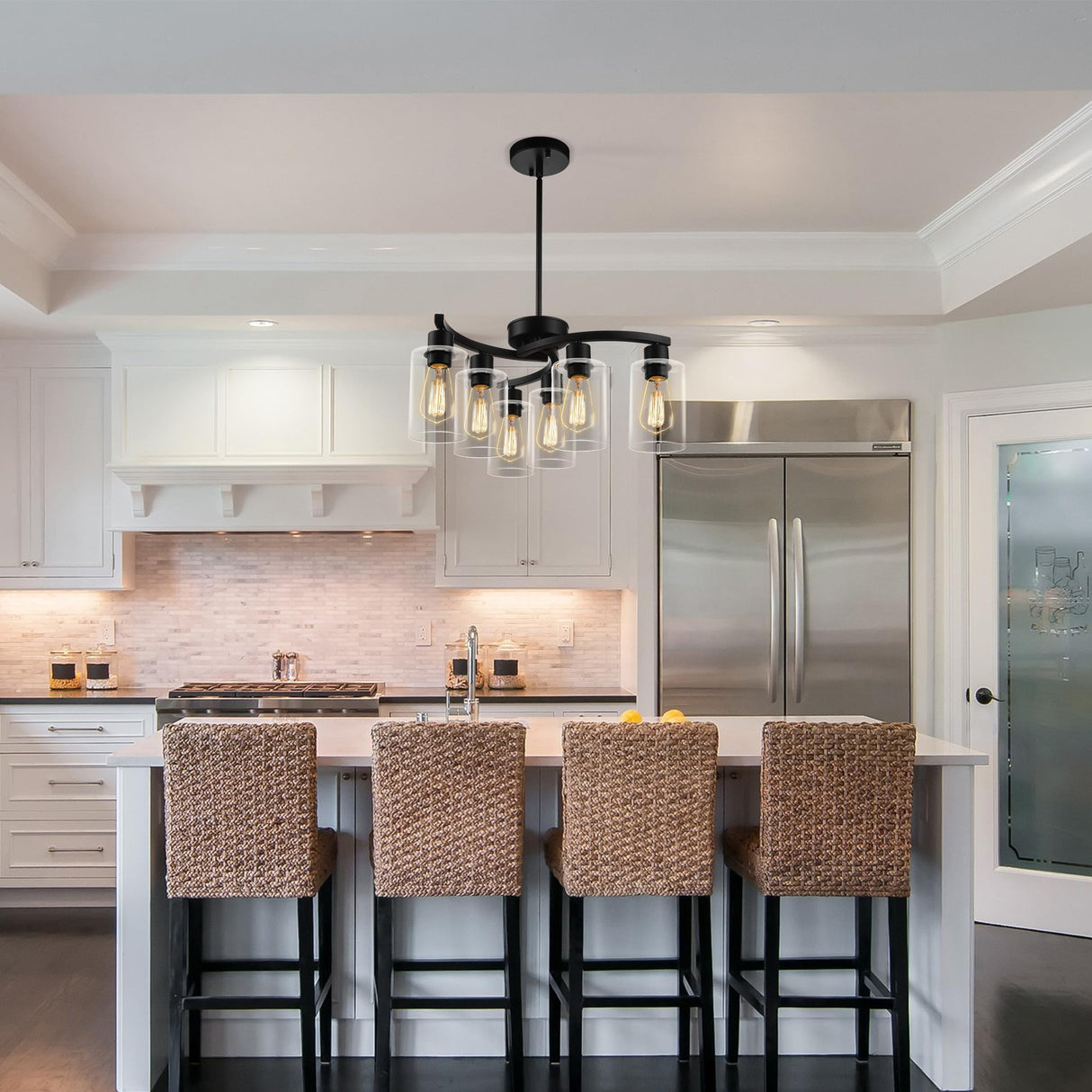 CNRATYE 6-Light Modern Farmhouse Black Chandelier, Contemporary Dining Room Light Fixture, Adjustable Height Hanging Industrial Pendant Lights Kitchen Island, Clear Glass Shade CNRATYE