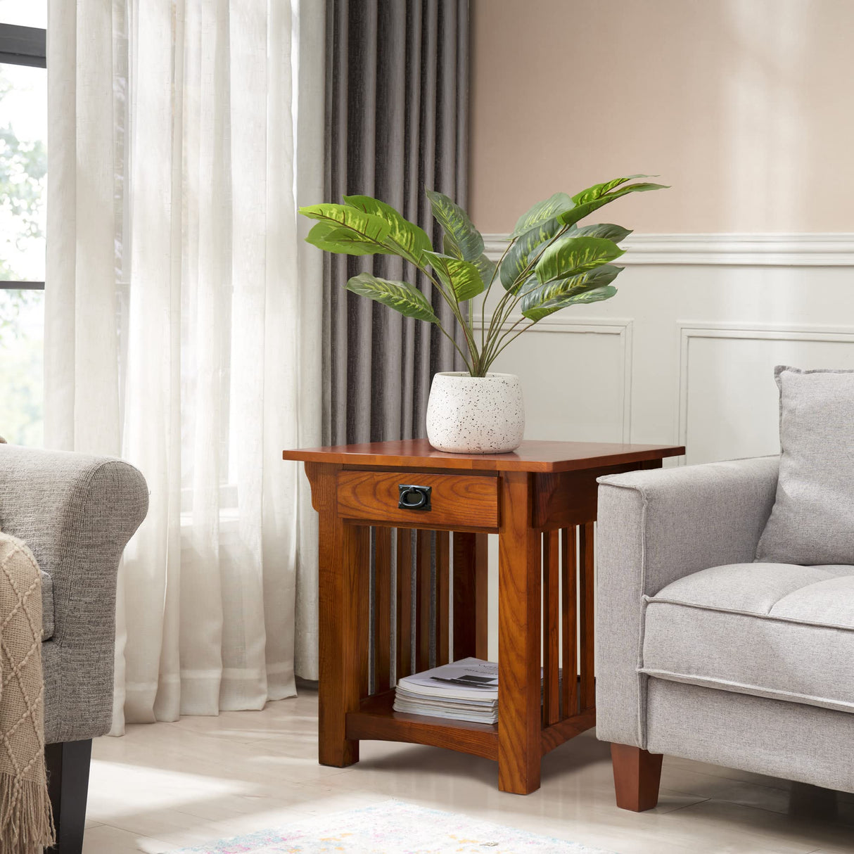 Leick Home 8207 Mission Impeccable End Table with Drawer, Made with Solid Wood, Side Table for Living Room, Bedroom, Medium Oak Finish, Russet Leick Home