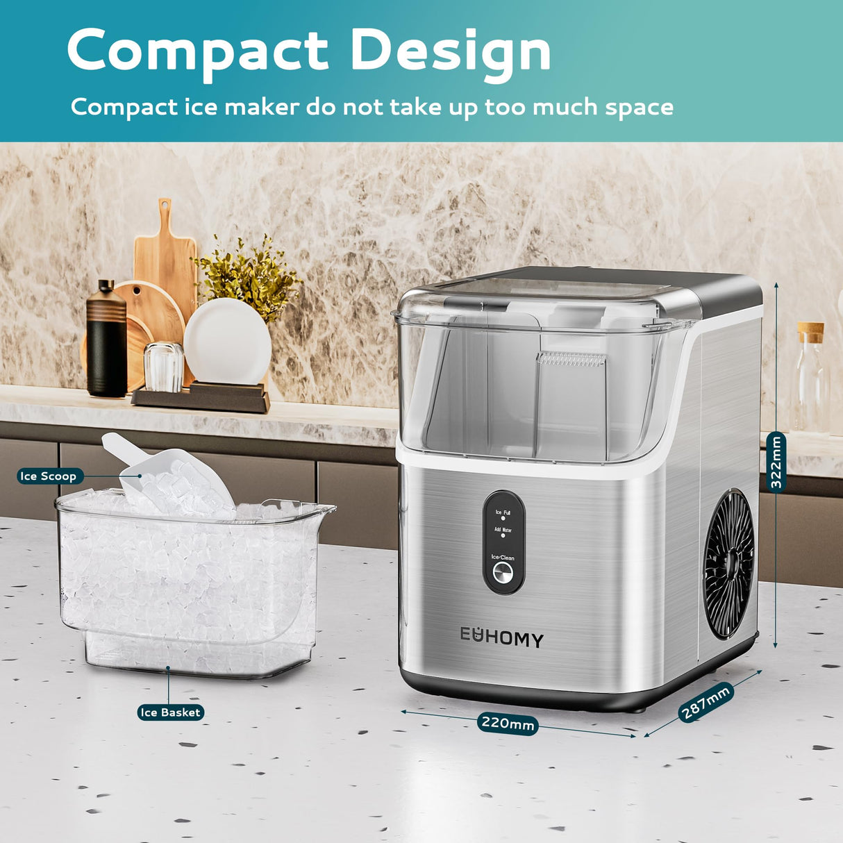EUHOMY Nugget Ice Makers Countertop, Pebble Ice Maker Machine with 35lbs/24H Soft Ice, Self-Cleaning Sonic Ice Maker with Ice Scoop&Basket, Pellet Ice Maker for Home/Kitchen/Office(Stainless Steels) EUHOMY