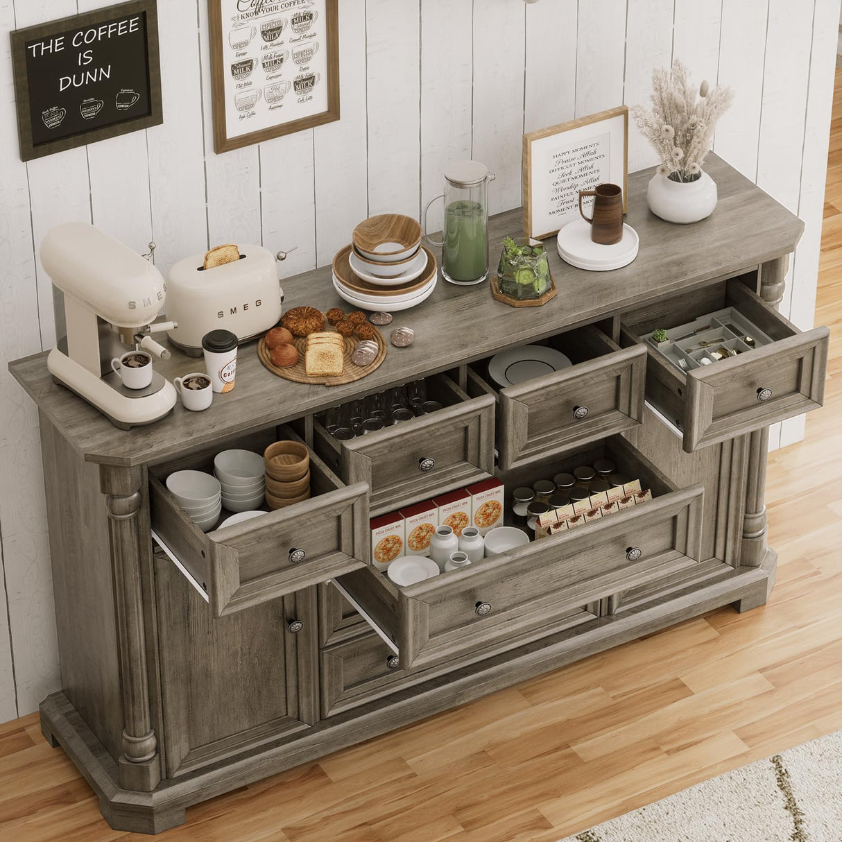 Yechen Buffet Cabinet with Drawers, 54" Large Sideboard Buffet Cabinet with 7 Drawers and 2 Doors, Farmhouse Solid Wood Sideboard for Kitchen, Living Room, Grey Yechen