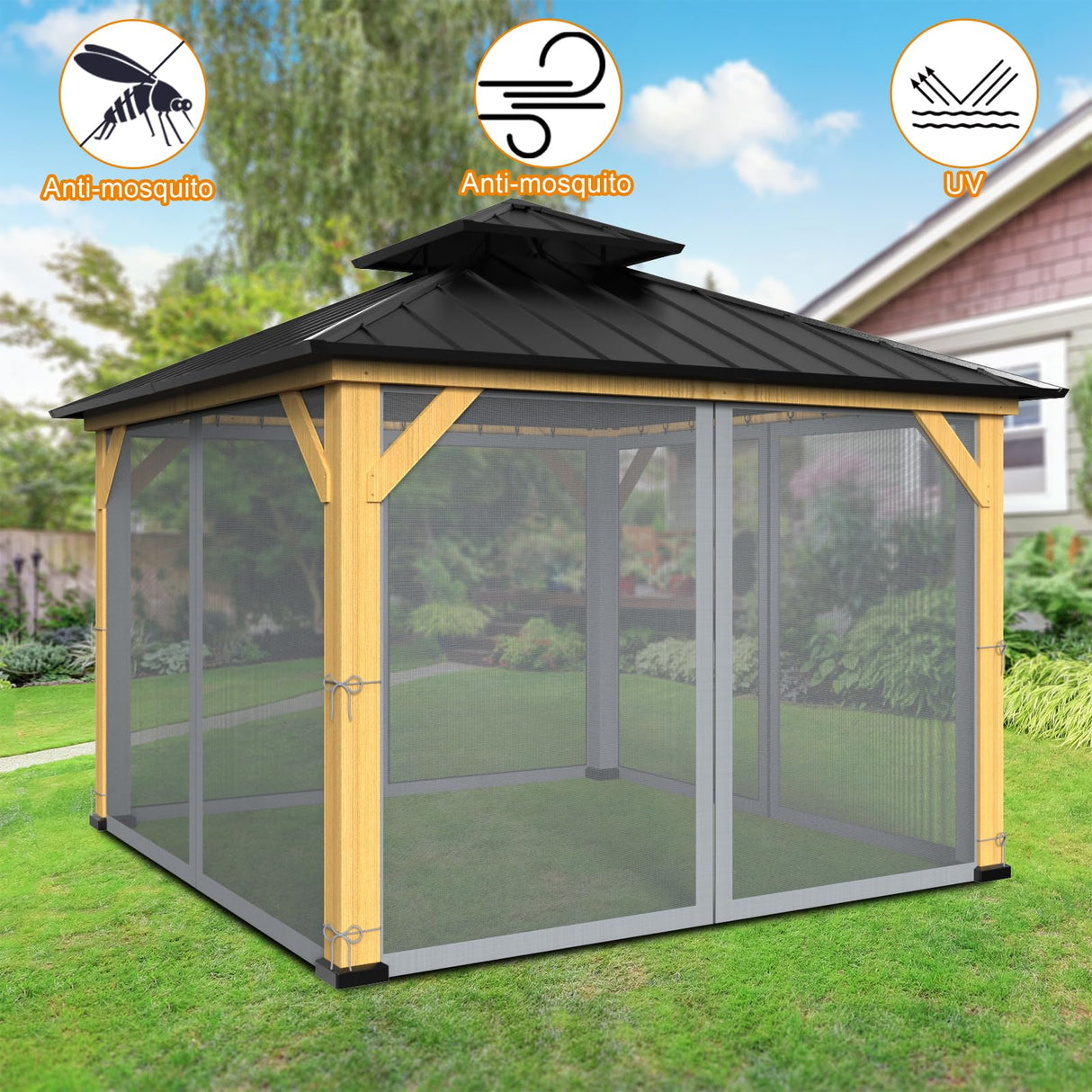 10-ft x 10-ft Gazebo Netting,Gazebo Replacement Mosquito Netting,Universal 4-Panel Mesh Screen Walls with Zippers(Only Netting)-Grey Zupoquk