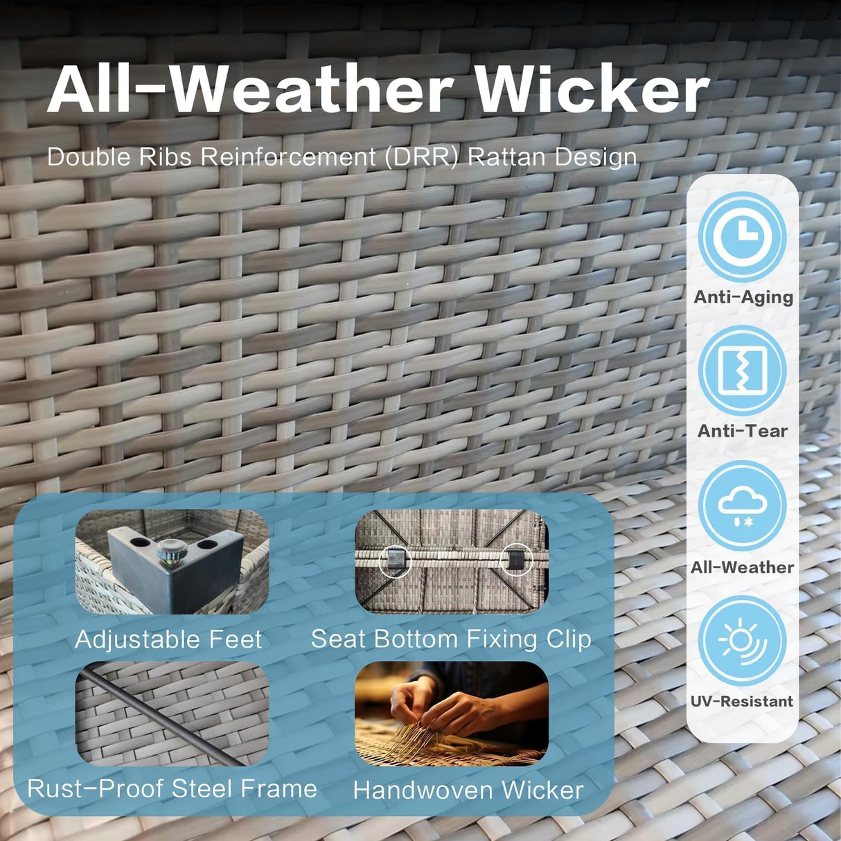 XTWEEX 7-Piece Modular Outdoor Sectional Wicker Patio Conversation Set with Glass-Top Coffee Table, All-Weather Rattan and Cushion Fabric – Gray/Gray XTWEEX