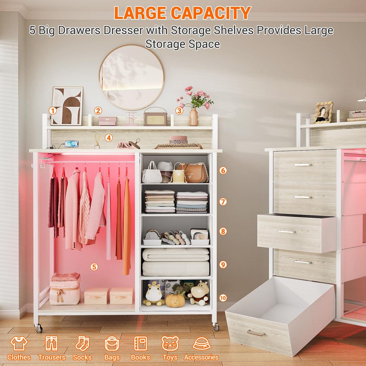 Cyclysio Dresser for Bedroom with Clothes Rack & Shelves, 5 Drawers Dresser with Charging Station & LED Lights, Chest of Drawers with Lockable Wheels, Storage Shelves, Closet, Entryway Cyclysio