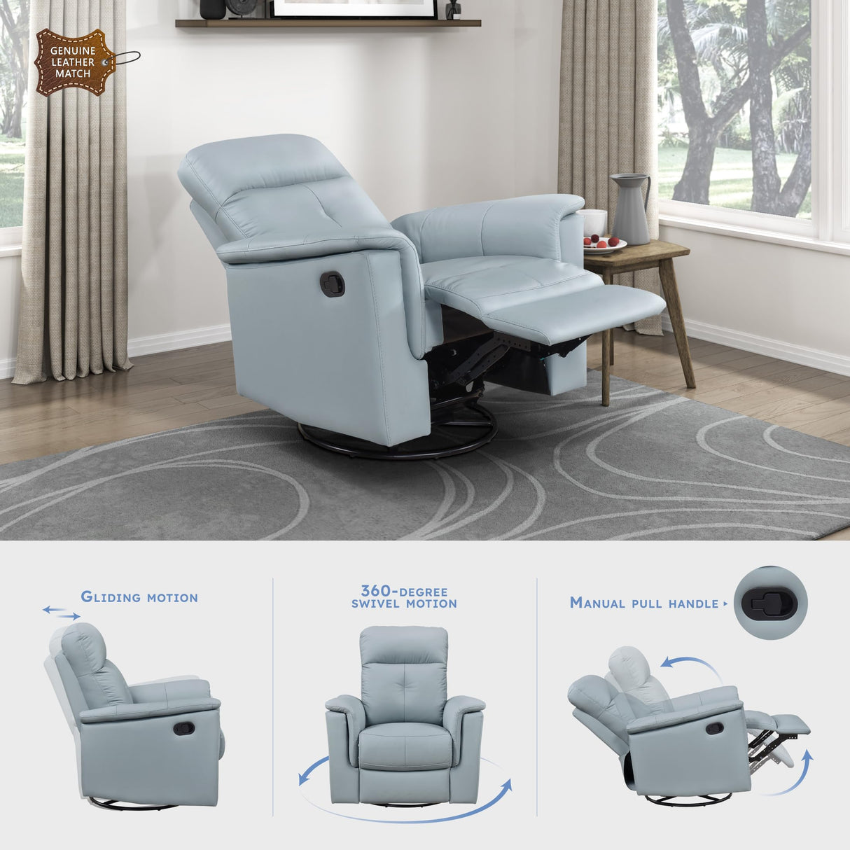 Lexicon Swivel Glider Recliner Chair, Comfy Nursery Glider, Top Grain Leather Match Recliner, Manual Reclining Chair for Living Room/Office/Apartment, Blue Lexicon