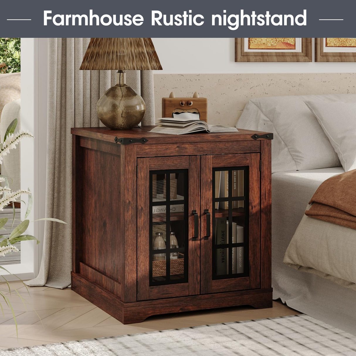 Fameill Farmhouse End Table with LED Lights,Sofa Side Table with Glass Barn Door,Wood Square Nightstand Bedside Table for Living Room,Bedroom,24" Large with Adjustable Storage Shelf,Brown Fameill