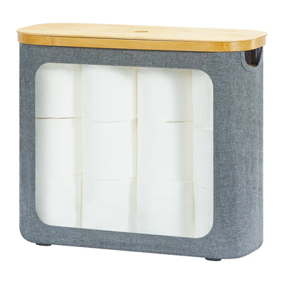 ROSOS Toilet Paper Basket, Toilet Paper Storage with Lid for 12 Rolls, Bathroom Storage Organizer with Bamboo Lid, Grey