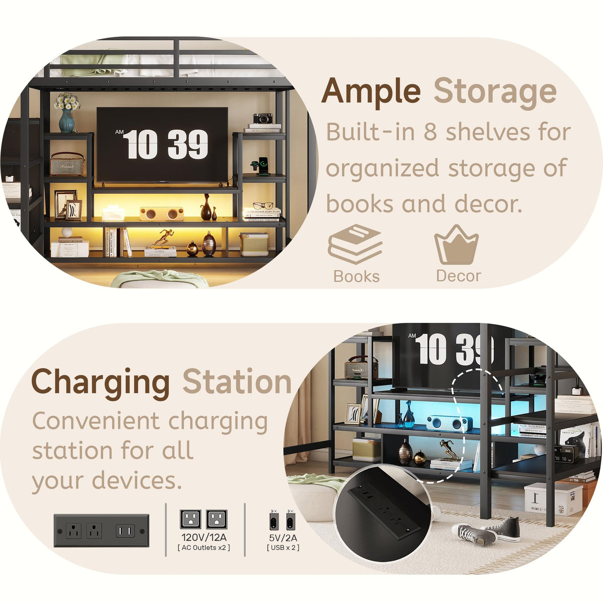 Full Size Loft Bed with LED Light & TV Table, Adults Loft Beds with Charging Station & Storage Bookcase, Wardrobe, Heavy-Duty Metal Lofts Frame with Stairs for Kids, Teens & Youth Dorms, Black Mirightone