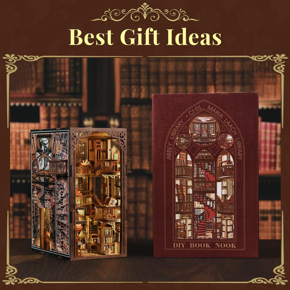 MiniCity Book Nook Kit, DIY Miniature Dollhouse Booknook Kit, 3D Wooden Puzzle Bookend Bookshelf Insert Decor with LED Light for Teens and Adults (Abbey Library) MiniCity