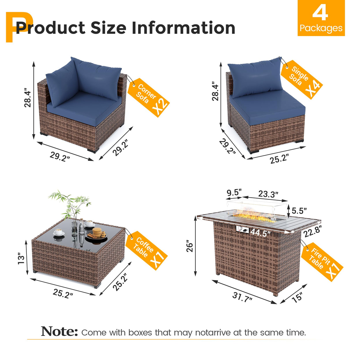 UDPATIO Outdoor Patio Furniture Set with Fire Pit Table, 8 Piece Outdoor Sectional Sofas, All-Weather Wicker Patio Conversation Set for Garden, Backyard Navy Blue UDPATIO