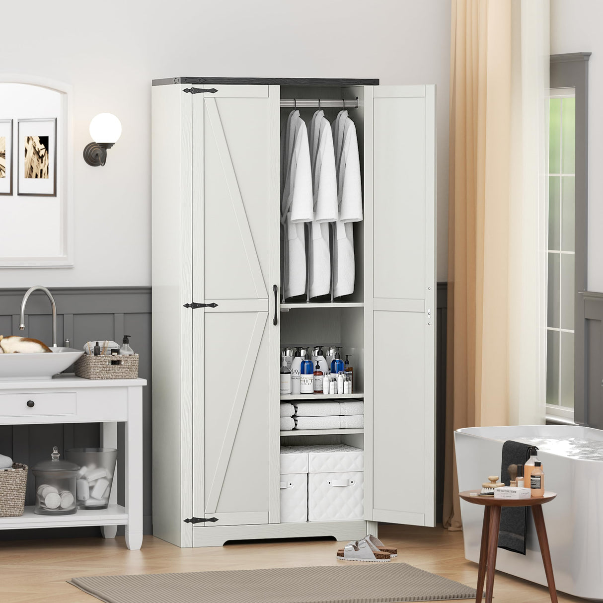 SPERTIKC 72”Tall Storage Cabinet, Armoire Wardrobe Closet with 2 Barn Doors and Adjustable Shelves, Large Pantry Cabinet for Bedroom, Bathroom, Kitchen, White Farmhouse Style SPERTIKC