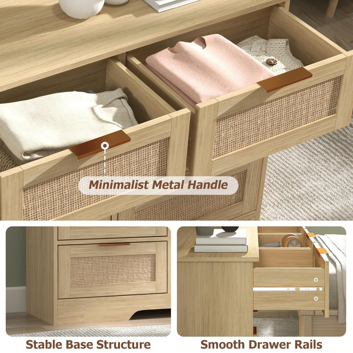 LTMEUTY 9 Drawer Dresser for Bedroom, Rattan Chest of Drawers, Modern Wood Dresser Chest with Golden Handles, 55” Wide Large Storage Long Dressers Organizer for Closet, Entryway, Living Room LTMEUTY