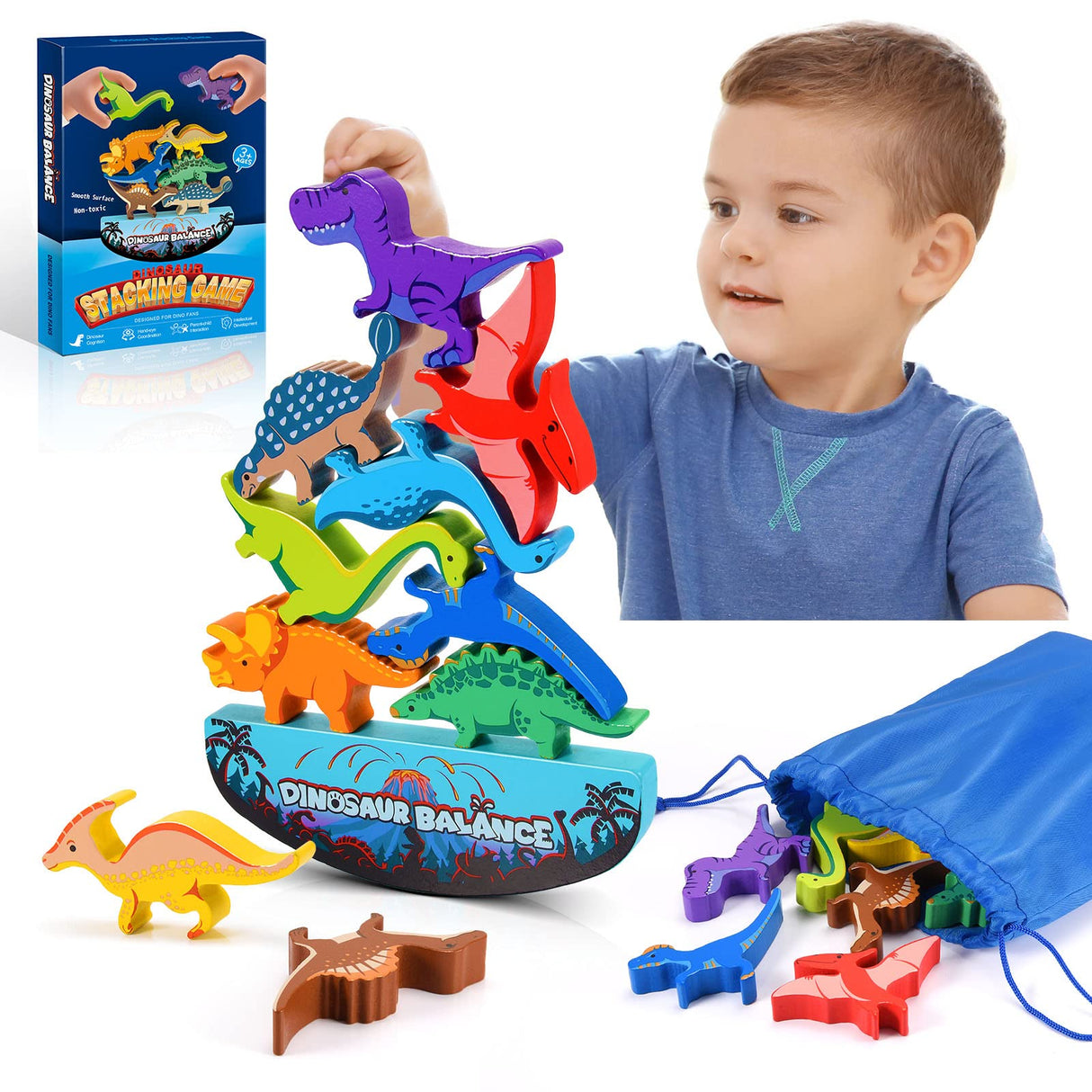 IPOURUP Dinosaur Toys for Kids 3-5: Wooden Stacking Montessori Toys for 3 4 5 6 7 8 Year Old Boys Girls Balance Competition Game for Family Easter Birthday Gifts for Kids Ages 4-8 (Classic Version) IPOURUP