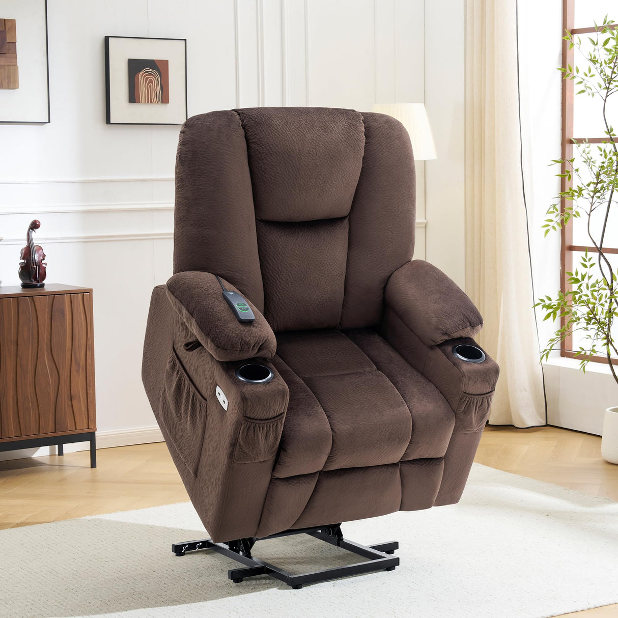 MCombo Power Lift Recliner Chair Sofa with Extended Footrest,3 Positions,Hand Remote Control,2 Cup Holders,USB Ports for Elderly People, 7507 (Fabric, Brown) MCombo
