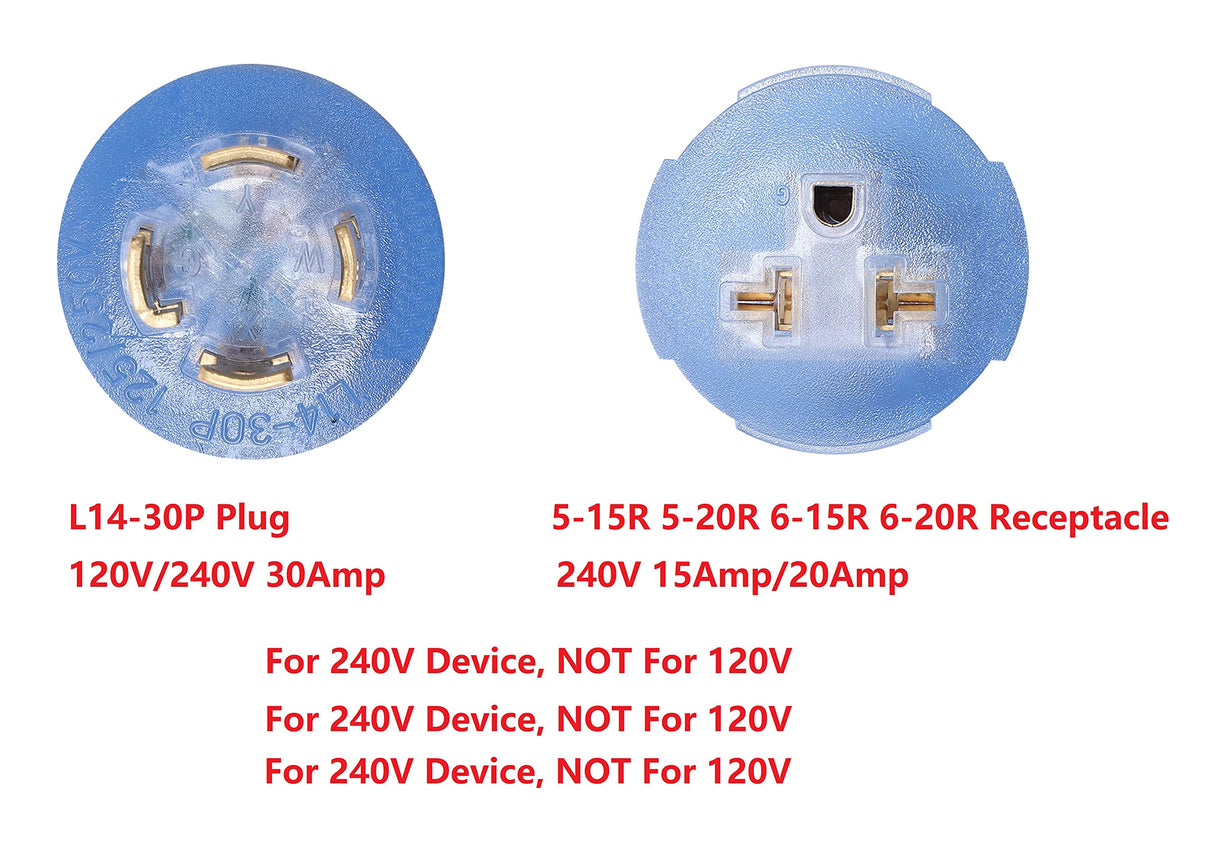 ONETAK NEMA L14-30P to 5-15R 5-20R 6-15R 6-20R Compact 240V 50 Amp 4 Prong Male Plug to 240V 15 Amp 20 Amp 3 Prong Female Receptacle Outlet Generator Welder Dryer EV Charger Power Cord Adapter ONETAK