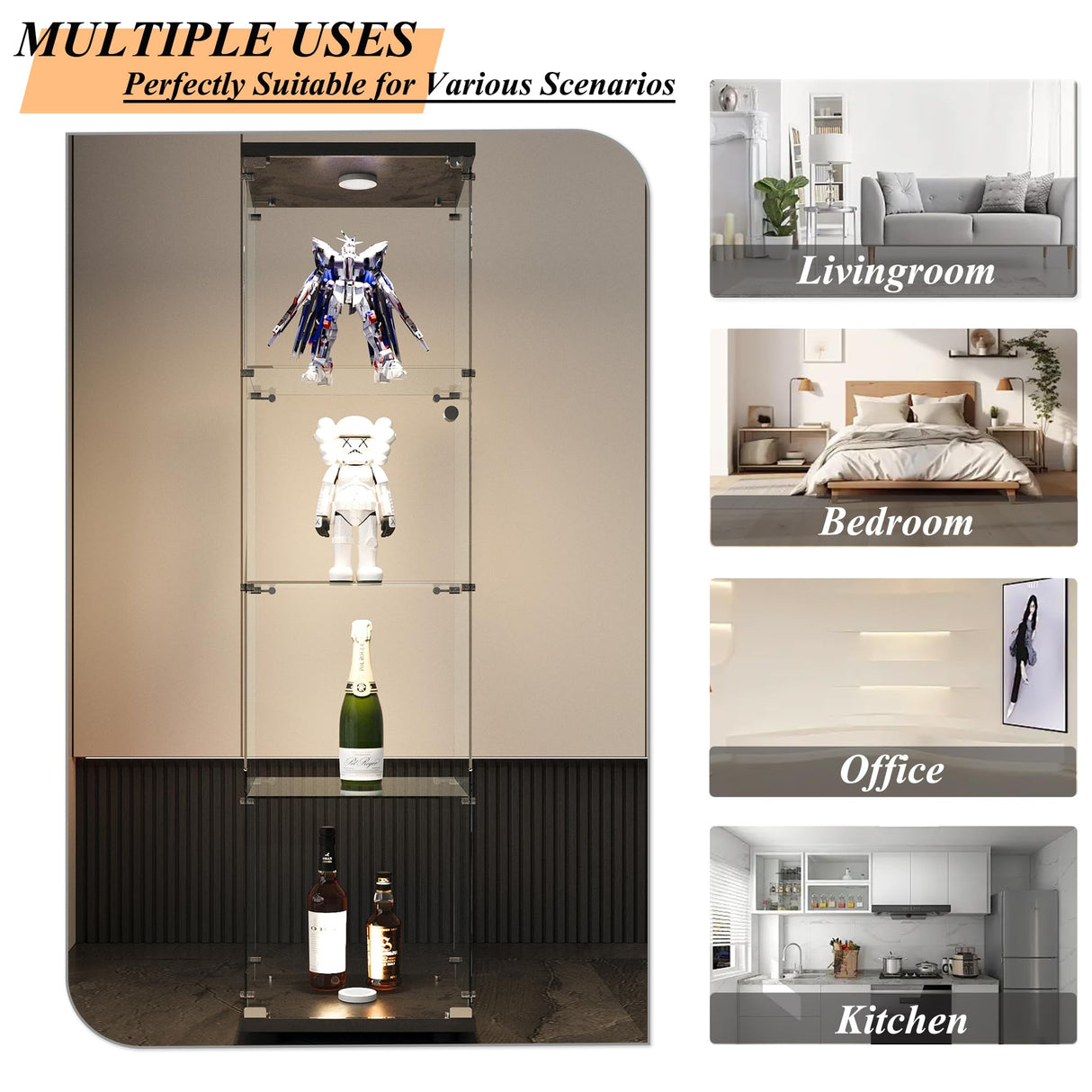 lunhung Glass Display Cabinet 4-Shelf with LED Lights and Lock,Curio Cabinets Upgraded Quick-Install Storage Cabinet,Glass Floor Standing Bookshelf for Bedroom,Living Room(Black) lunhung