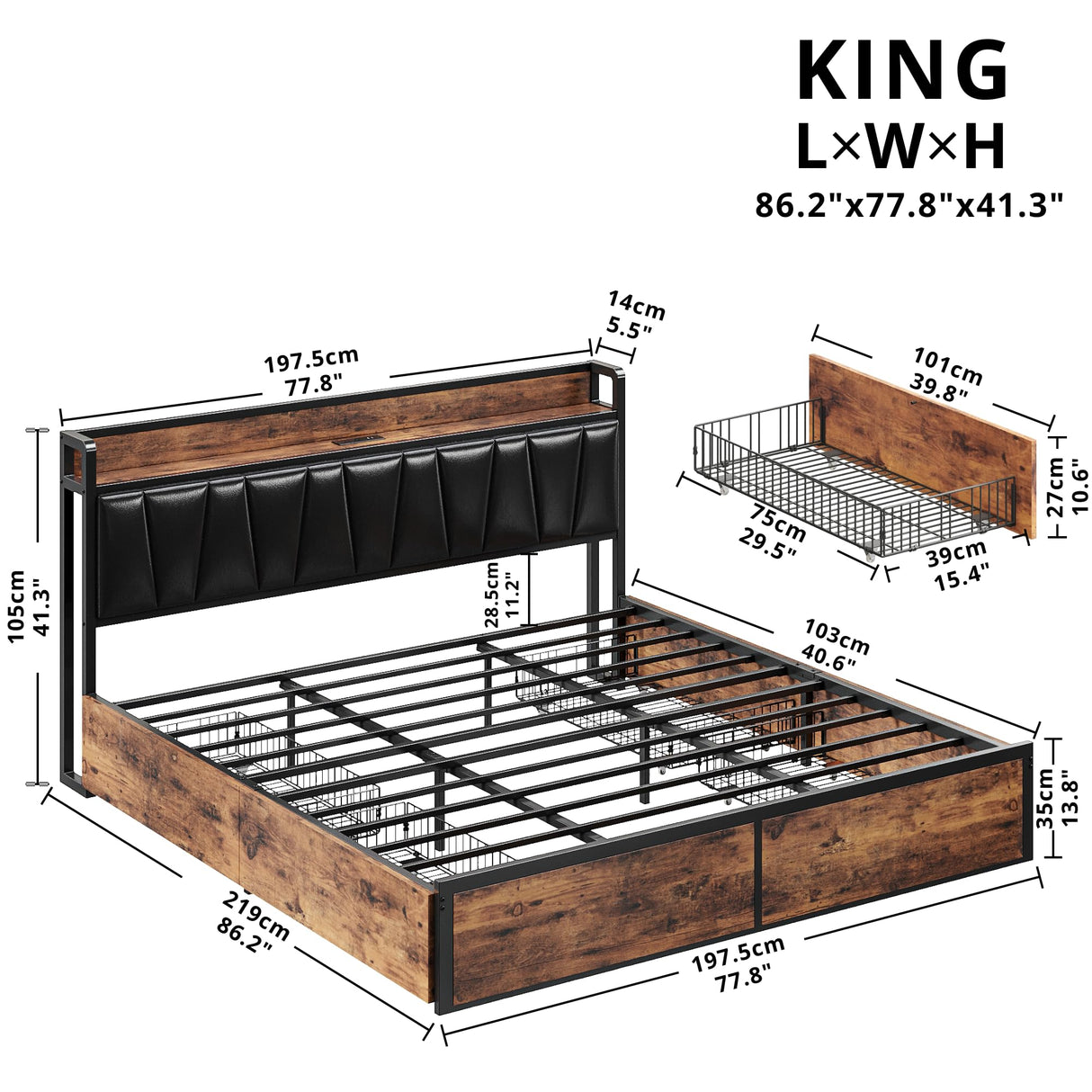 LIKIMIO King Bed Frame with 4 Storage Drawers, Platform Bed with Charged Headboard, Sturdy and Stable, No Noise, No Box Spring Needed, Easy to Install, Vintage Brown and Black LIKIMIO