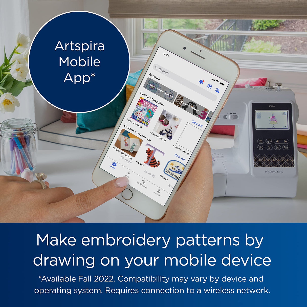 Brother SE700 Sewing and Embroidery Machine, Wireless LAN Connected, 135 Built-in Designs, 103 Built-in Stitches, Computerized, 4" x 4" Hoop Area, 3.7" Touchscreen Display, 8 Included Feet, White Brother