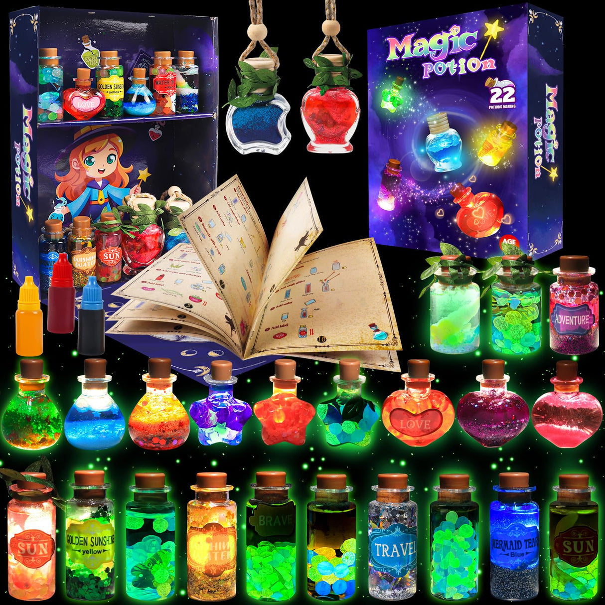 Rhybor Magic Potion Kit for Kids,Mix 22 Bottles Fairy Magic Potions,Mystery Potions Craft Kit,Christmas Halloween Decorations Birthday Gift Toys for Girl 6 7 8 9 10 Rhybor