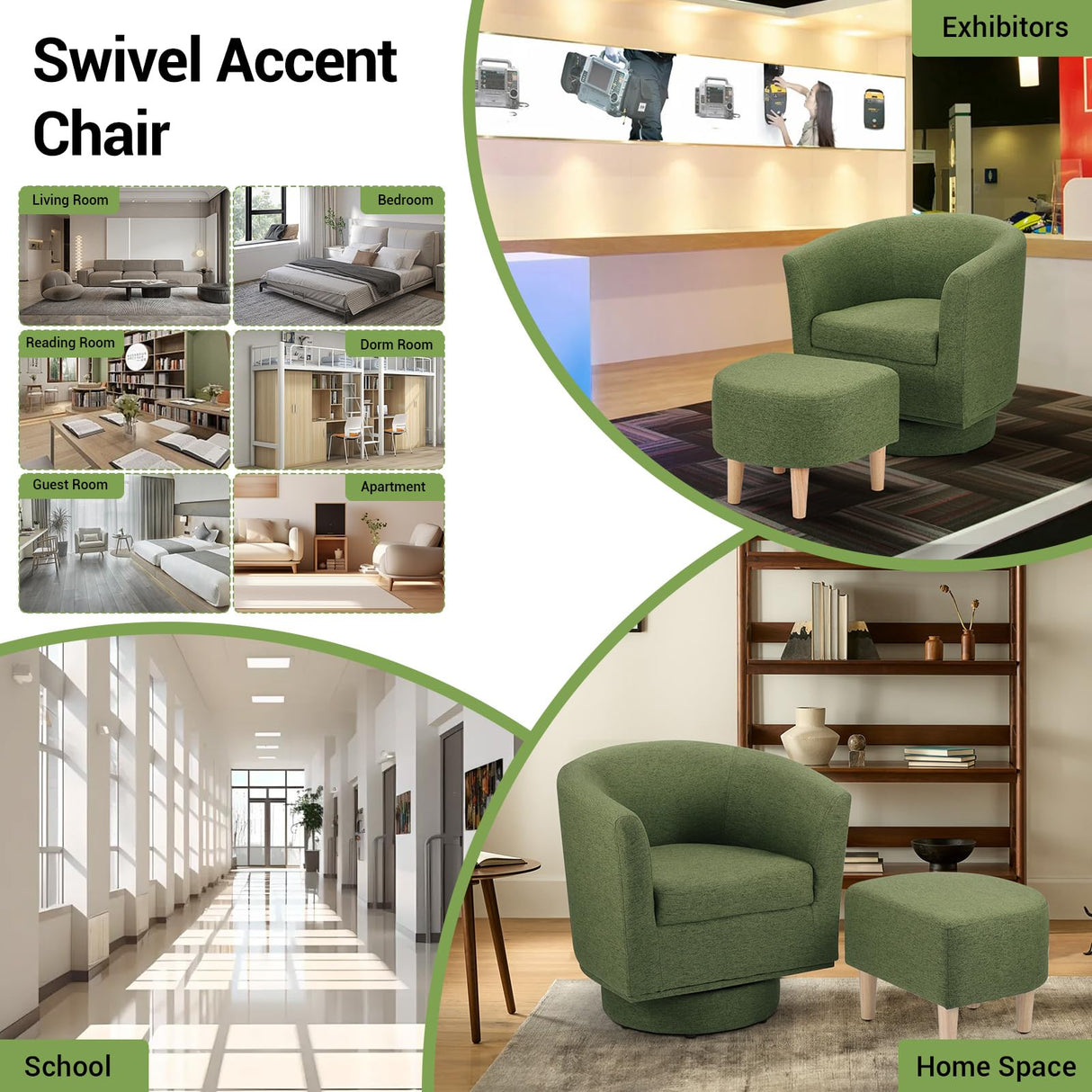 DAZONE Green Swivel Accent Chair with Ottoman, Comfy Barrel Armchair for Small Spaces, 360° Modern Fabric Lounge Chair for Living Room, Bedroom, Reading Nook, Home Office DAZONE