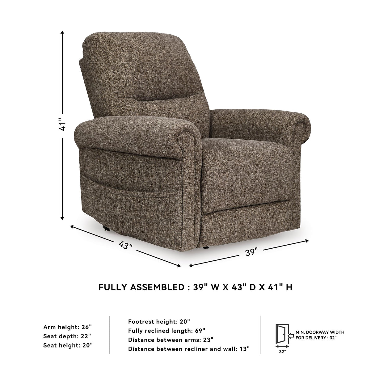 Signature Design by Ashley Aureta Classic Stain Resistant Power Lift Recliner with Side Pocket, Heat and Massage, Dark Brown Signature Design by Ashley