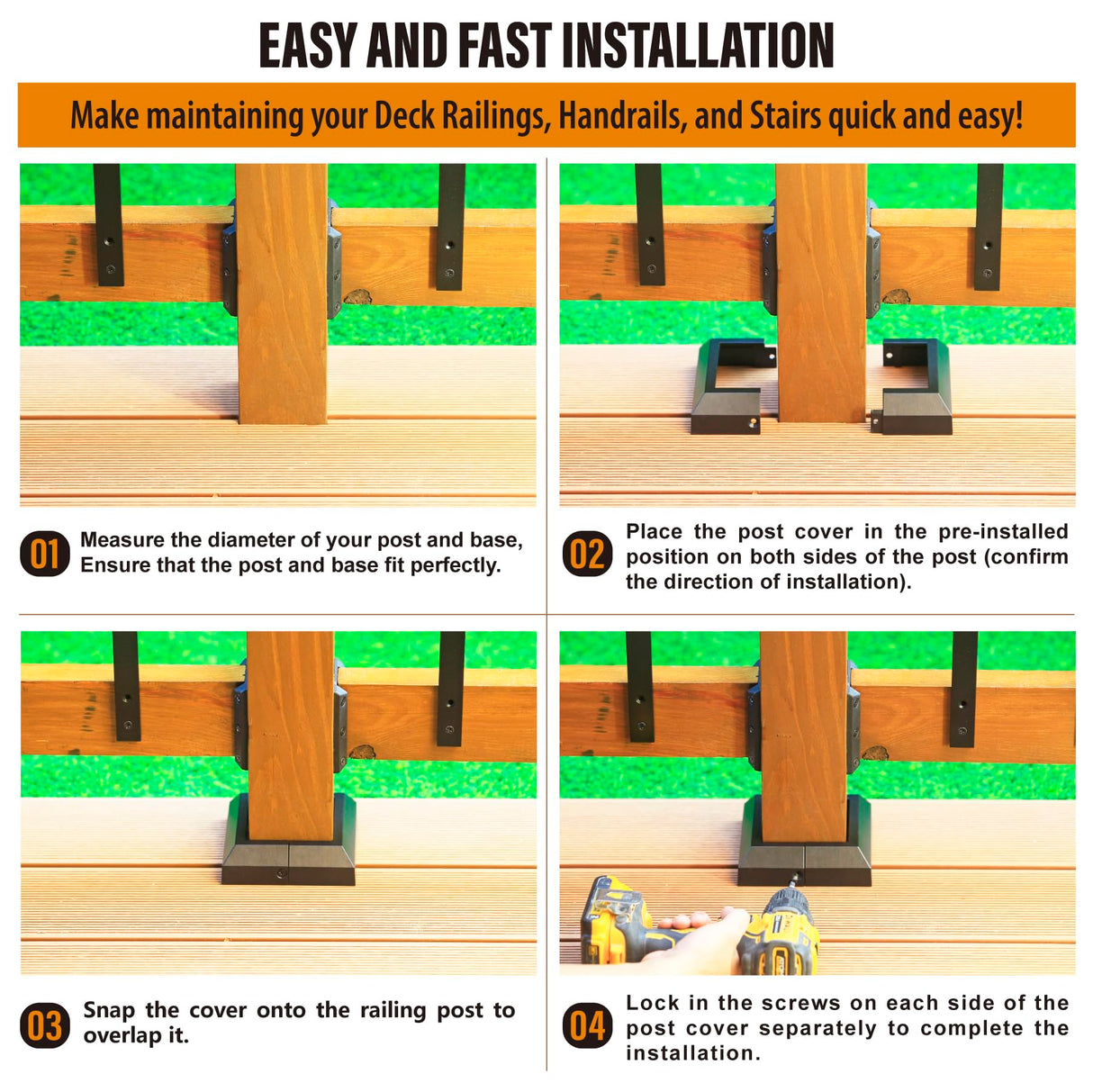 Wocepu 4 pcs 4x4 (Actual: 3.5"x3.5") Aluminum Deck Post Base Cover, for Deck railings, Stairs, Patios, Porches Split Deck Post Skirt (Black) WOCEPU