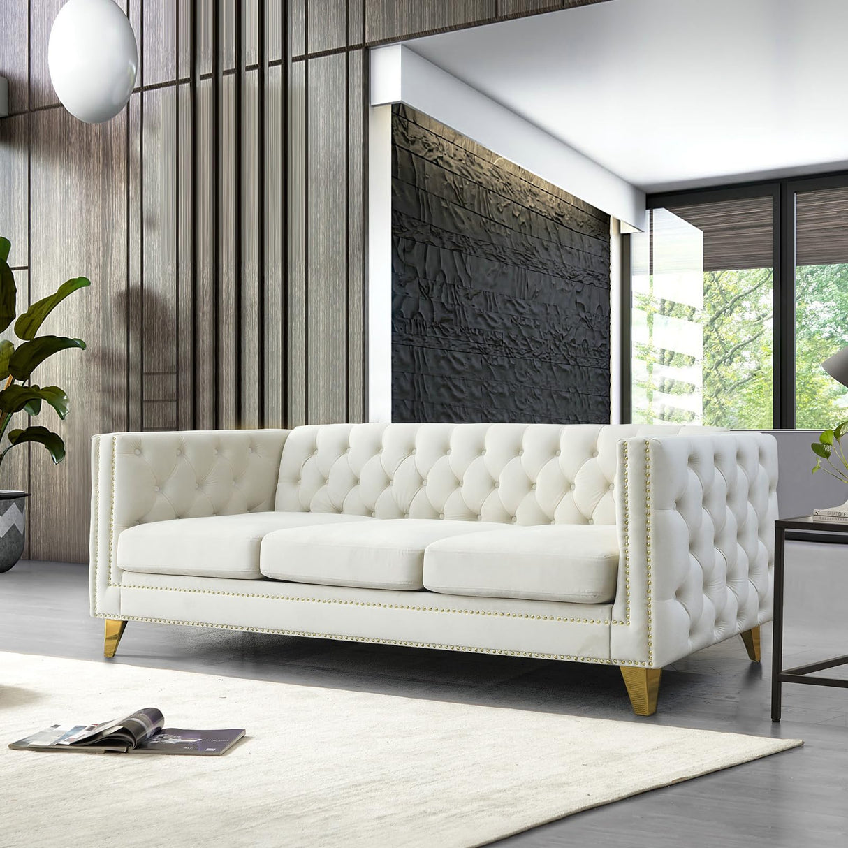 80.5-Inch Velvet 3 Seater Sofa Couch, Comfy Couches for Living Room, Modern Sofa with Tufted Back and Rivet Decoration, Upholstered Long Couch with Solid Golden Metal Tapered Legs, Beige KINFFICT