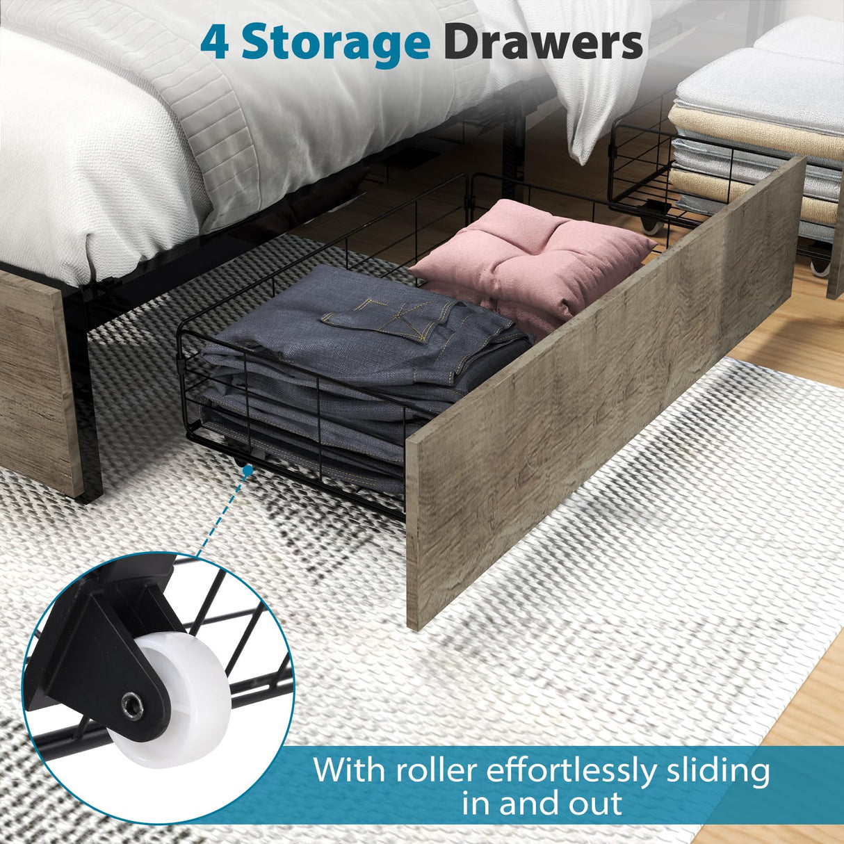 Kiivakii Grey Full Size Bed Frame with LED Lights, 4 Storage Drawers & Charging Station Kiivakii