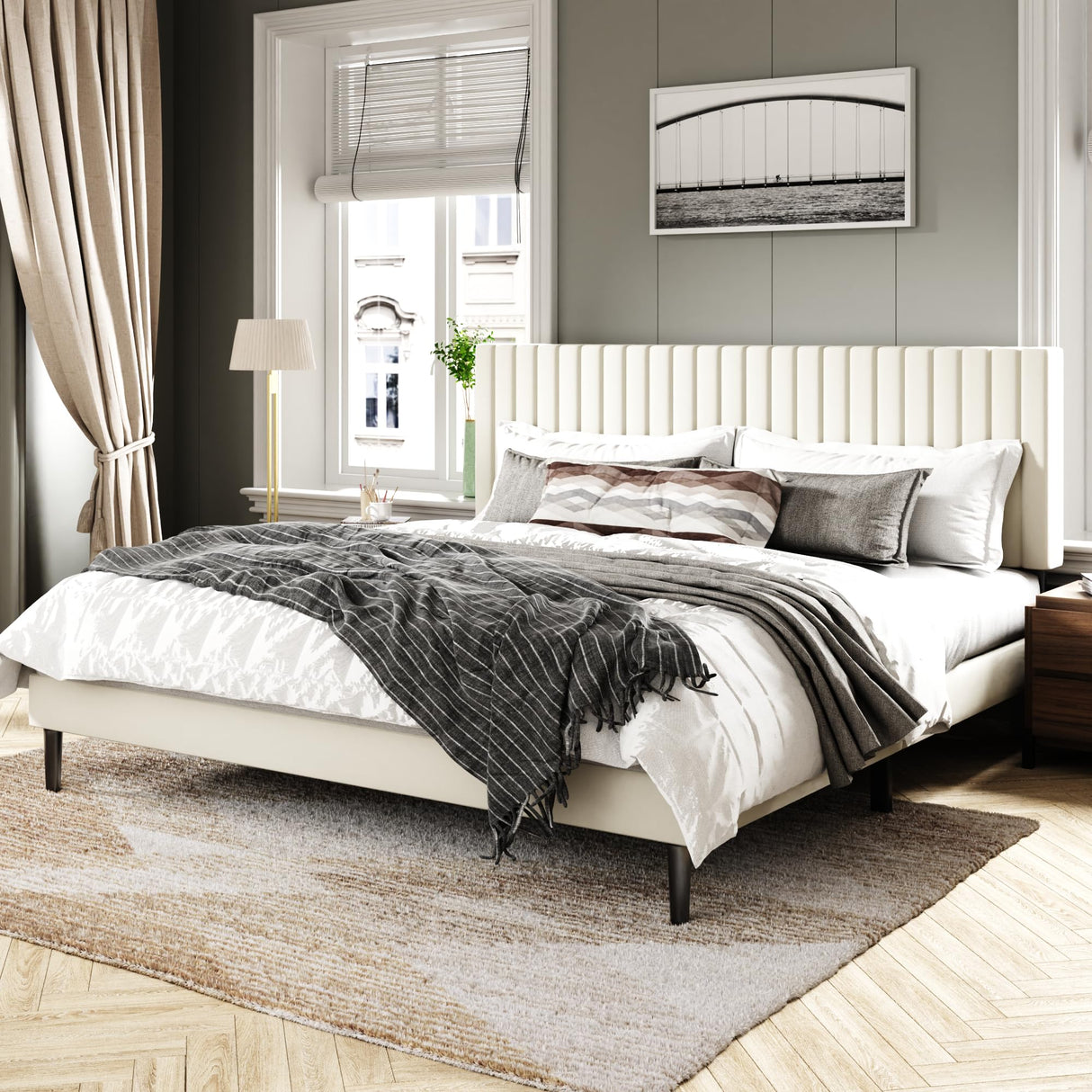 Sismplly King Size Bed Frame with Velvet Upholstered Headboard, Platform Bed with Strong Wood Slats, Mattress Foundation, Box Spring Optional, Easy Assembly, Beige Sismplly