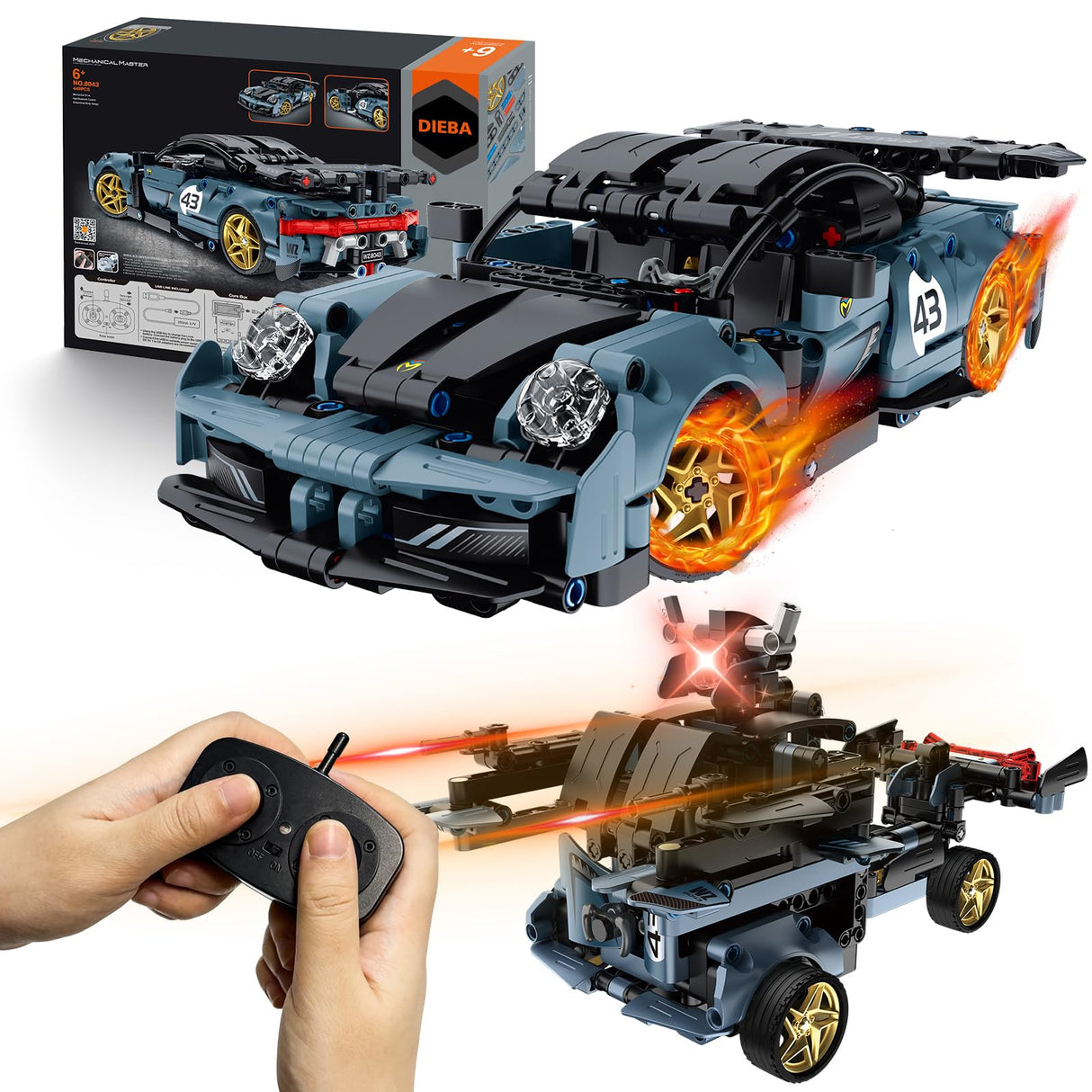 STEM Building Toys for Kids, Educational Building Blocks, Remote & APP Controlled 2in1 RC Car/Construction Robot STEM Kit, Science Learning Car Building Sets for Boys Girls 8-16 Old (Dark Blue) DIEBA