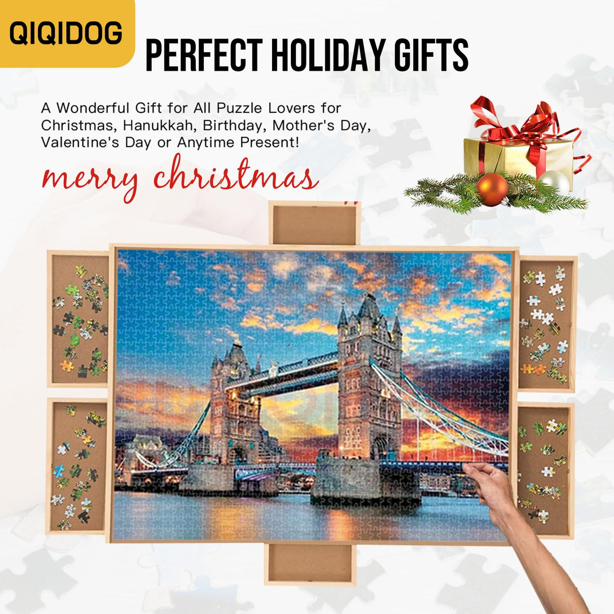 Qiqidog 2000 Pieces Puzzle Board with 6 Drawers and Cover, 29"x41" Wooden Jigsaw Puzzle Table for Adults, Portable Puzzle Organizer & Storage System, Birthday Gift for Mom Qiqidog