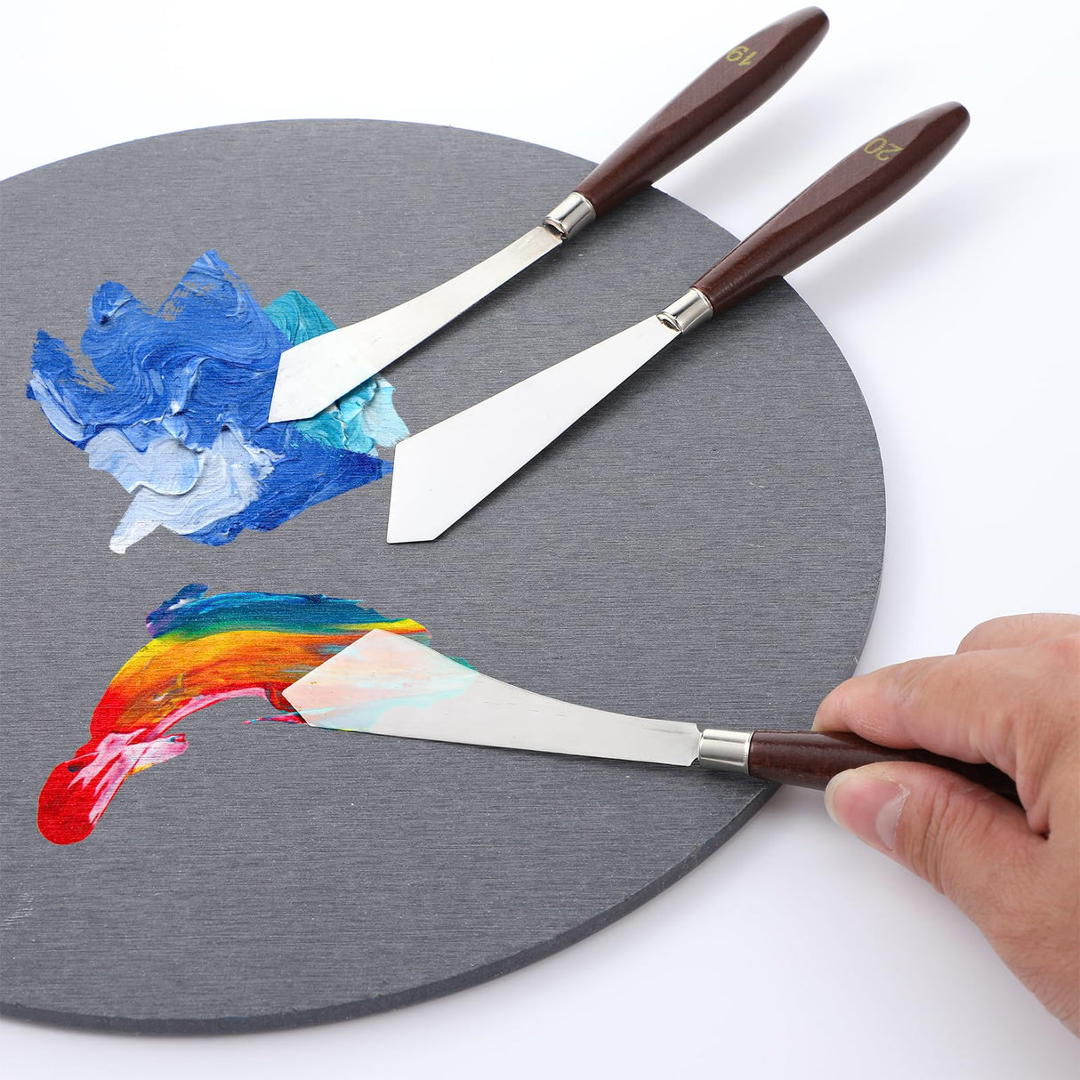 MBAIYO 4 Pcs Painting Knife Set,Palette Knife No.19 + Pallet Knives No.20 Stainless Steel Art Spatula with Wood Handle Scraper for Oil Canvas Acrylic Sculpting Mixing Texturing MBAIYO