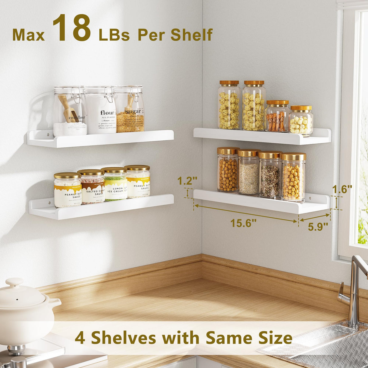 Love-KANKEI White Floating Shelves for Wall Set of 4, Wood Wall Shelves with Lip,15.6 Inch Rustic Hanging Shelves for Bedroom Bathroom Living Room Kitchen Nursery Display Love-KANKEI