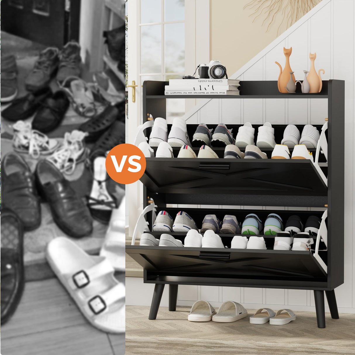 Homleke 32" W Farmhouse Shoe Storage Cabinet with 2 Flip Drawers and Barn Door Design, Adjustable Shelves, Modern Hidden Slim Narrow Shoe Rack Cabinet for Entryway, Foyer, Hallway, Living Room, Black Homleke