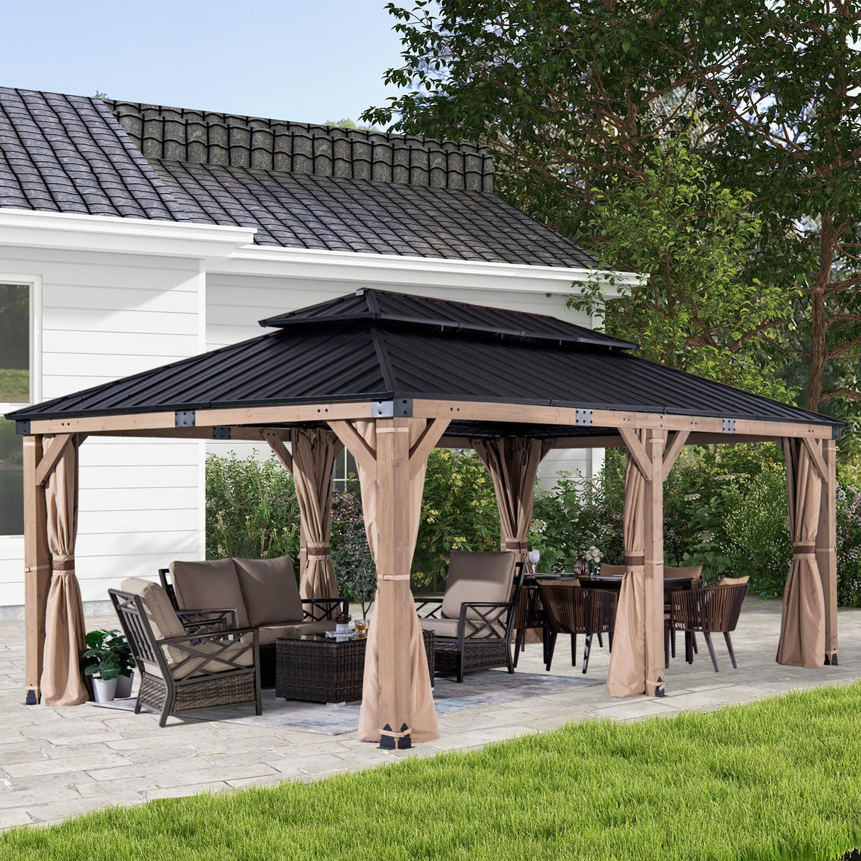 FAB BASED 12x20FT Hardtop Wood Gazebo, Natural Solid Cedar Frame Gazebo with 2-Tier Vented Roof, Outdoor Metal Canopy Pavilion with Netting & Curtains for Deck, Garden, Backyard, Lawn (Khaki) FAB BASED